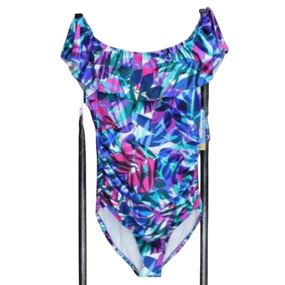 Swim Solutions Tummy Control Blue Palm Blue Purple One Piece Swimsuit Ruffle 16